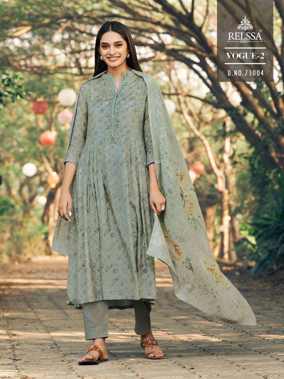 VOGUE VOL-2 BY RELSSA FABRICS 71001 TO 71008 SERIES SUITS STYLISH BEAUTIFUL COLOURFUL PRINTED & EMBROIDERED PARTY WEAR & OCCASIONAL WEAR PURE MUSLIN SILK COTTON PRINT WITH EMBROIDERY DRESSES AT WHOLESALE PRICE