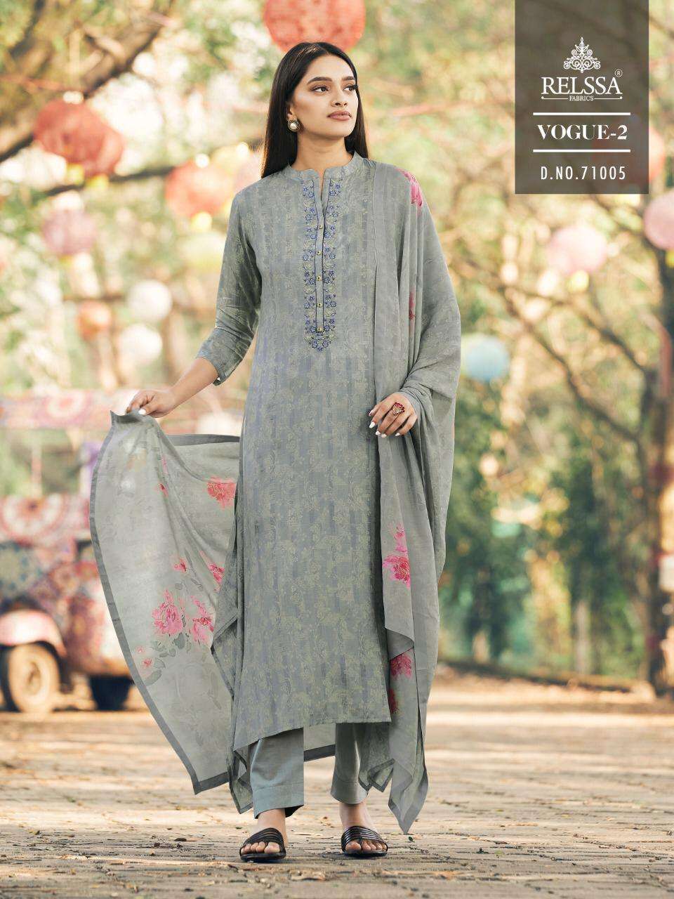 VOGUE VOL-2 BY RELSSA FABRICS 71001 TO 71008 SERIES SUITS STYLISH BEAUTIFUL COLOURFUL PRINTED & EMBROIDERED PARTY WEAR & OCCASIONAL WEAR PURE MUSLIN SILK COTTON PRINT WITH EMBROIDERY DRESSES AT WHOLESALE PRICE