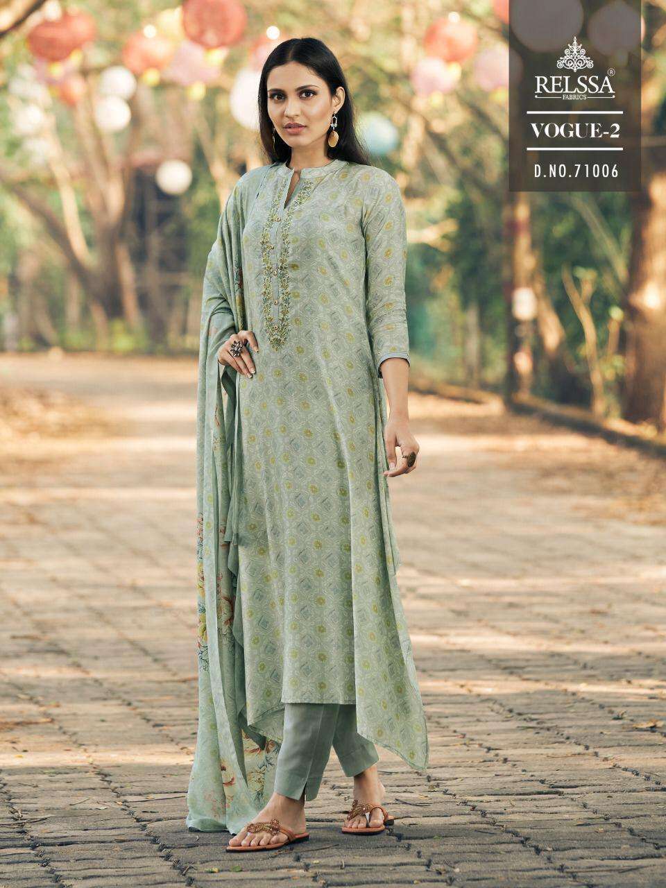VOGUE VOL-2 BY RELSSA FABRICS 71001 TO 71008 SERIES SUITS STYLISH BEAUTIFUL COLOURFUL PRINTED & EMBROIDERED PARTY WEAR & OCCASIONAL WEAR PURE MUSLIN SILK COTTON PRINT WITH EMBROIDERY DRESSES AT WHOLESALE PRICE