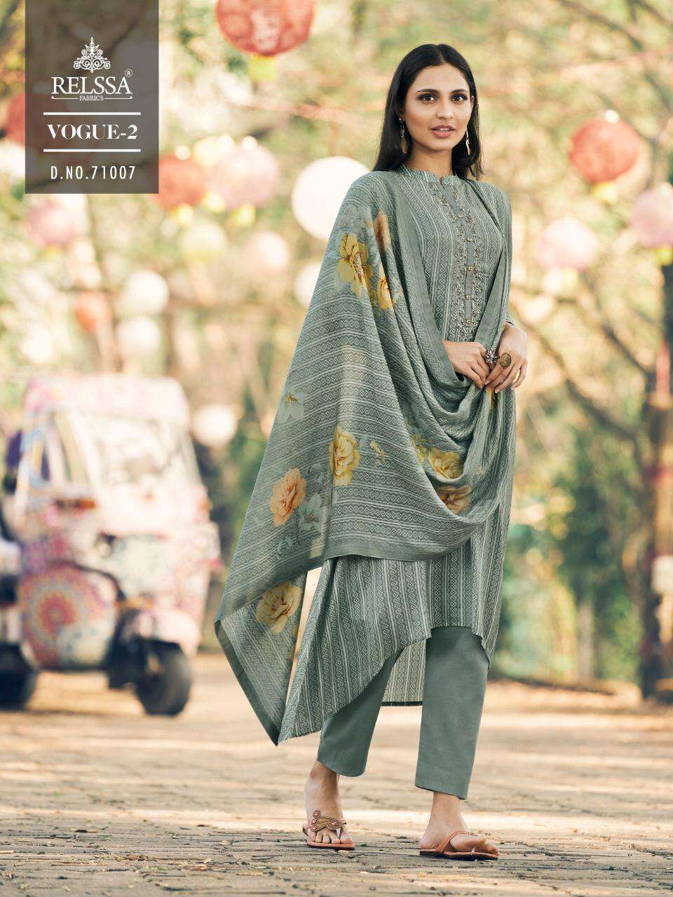 VOGUE VOL-2 BY RELSSA FABRICS 71001 TO 71008 SERIES SUITS STYLISH BEAUTIFUL COLOURFUL PRINTED & EMBROIDERED PARTY WEAR & OCCASIONAL WEAR PURE MUSLIN SILK COTTON PRINT WITH EMBROIDERY DRESSES AT WHOLESALE PRICE