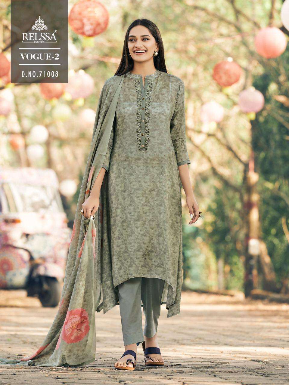 VOGUE VOL-2 BY RELSSA FABRICS 71001 TO 71008 SERIES SUITS STYLISH BEAUTIFUL COLOURFUL PRINTED & EMBROIDERED PARTY WEAR & OCCASIONAL WEAR PURE MUSLIN SILK COTTON PRINT WITH EMBROIDERY DRESSES AT WHOLESALE PRICE