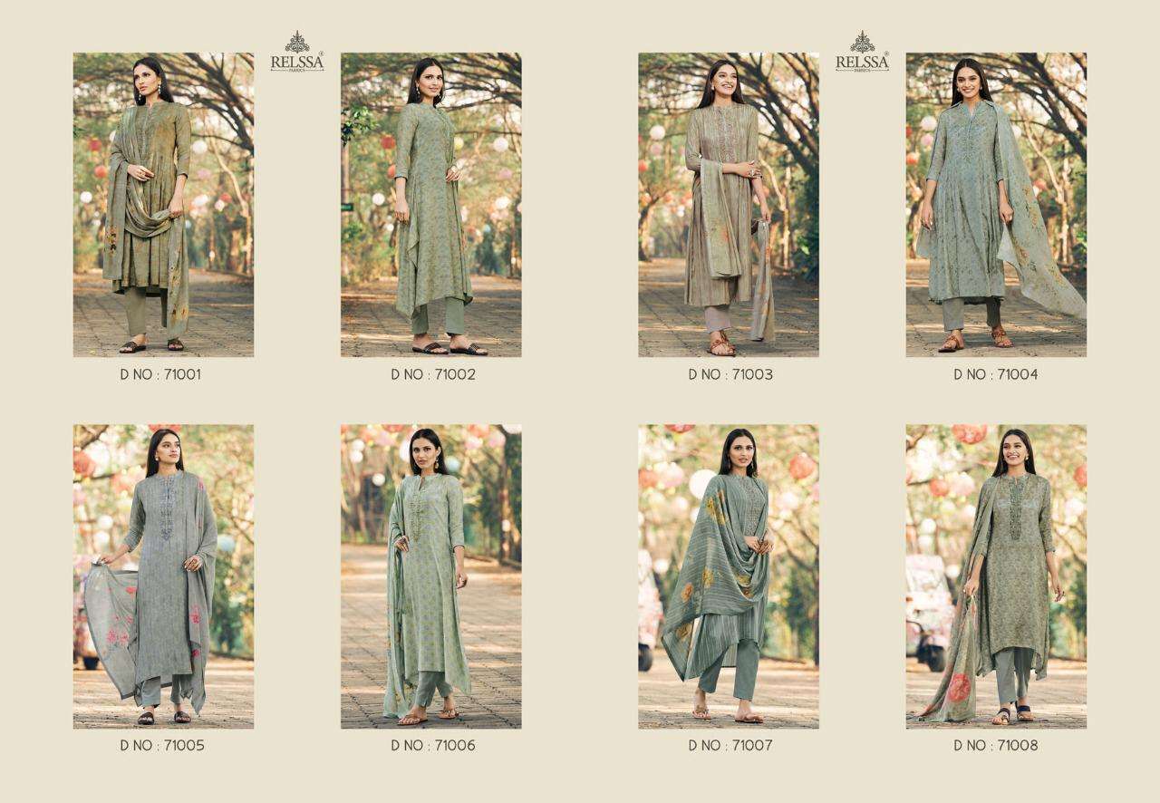 VOGUE VOL-2 BY RELSSA FABRICS 71001 TO 71008 SERIES SUITS STYLISH BEAUTIFUL COLOURFUL PRINTED & EMBROIDERED PARTY WEAR & OCCASIONAL WEAR PURE MUSLIN SILK COTTON PRINT WITH EMBROIDERY DRESSES AT WHOLESALE PRICE