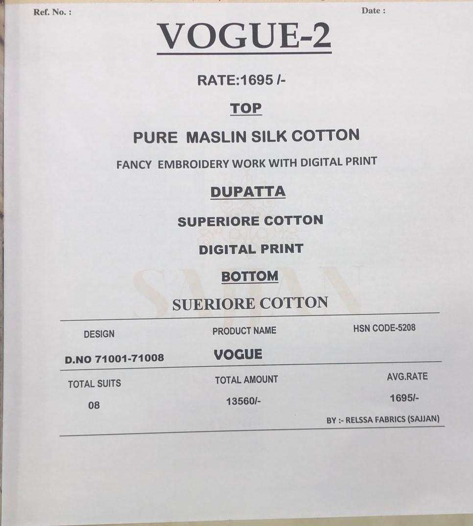 VOGUE VOL-2 BY RELSSA FABRICS 71001 TO 71008 SERIES SUITS STYLISH BEAUTIFUL COLOURFUL PRINTED & EMBROIDERED PARTY WEAR & OCCASIONAL WEAR PURE MUSLIN SILK COTTON PRINT WITH EMBROIDERY DRESSES AT WHOLESALE PRICE