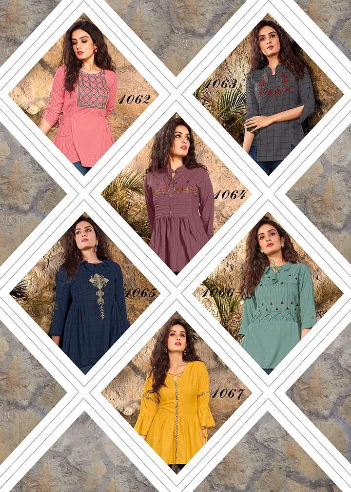 COLORS BY MANYA 1062 TO 1067 SERIES BEAUTIFUL COLORFUL STYLISH FANCY CASUAL WEAR & READY TO WEAR PURE VISCOSE EMBROIDERED TOPS AT WHOLESALE PRICE