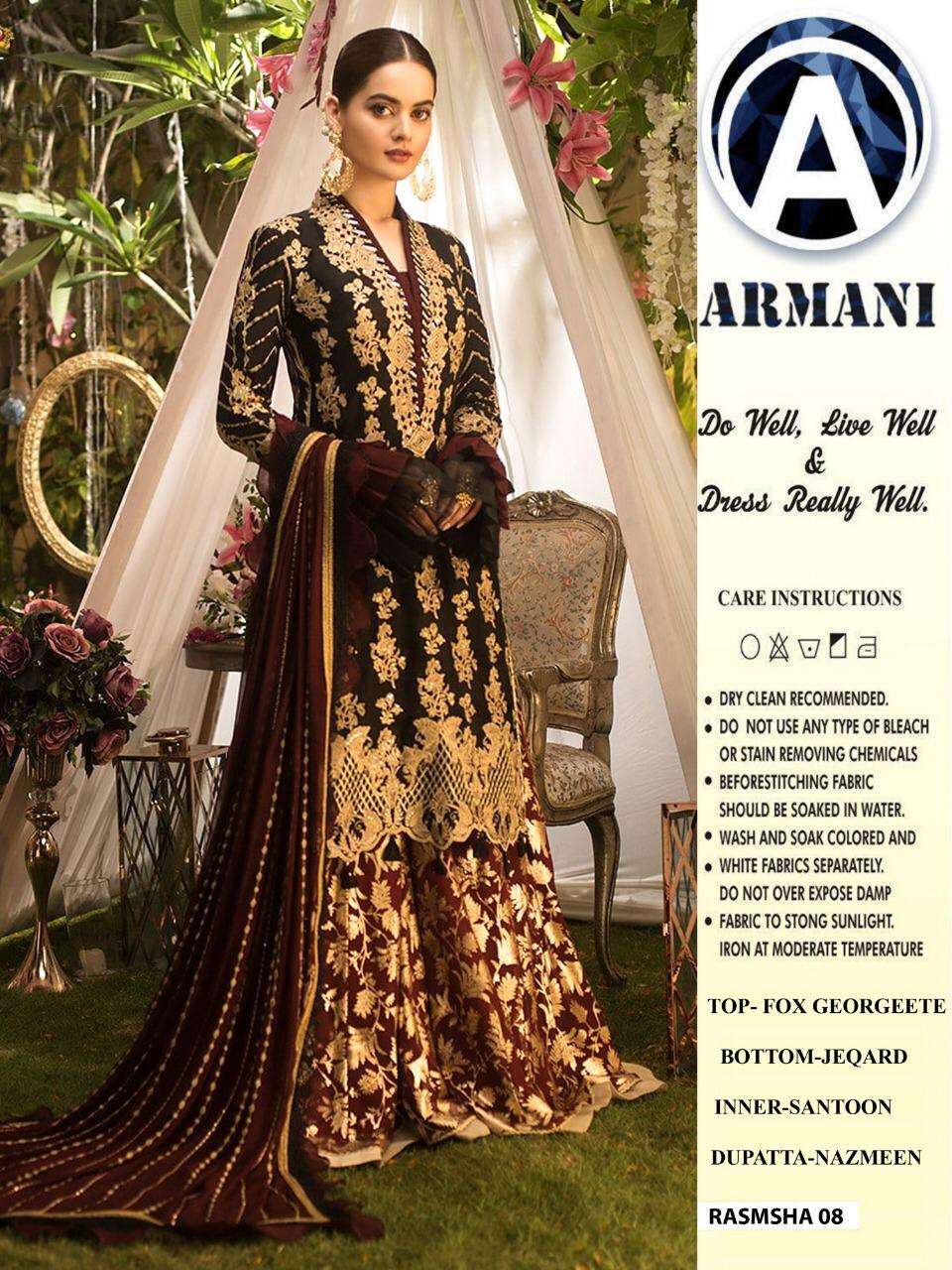 RIMISHA 08 BY ARMANI PAKISTANI SUITS BEAUTIFUL FANCY COLORFUL STYLISH PARTY WEAR & OCCASIONAL WEAR FAUX GEORGETTE WITH EMBROIDERY DRESSES AT WHOLESALE PRICE