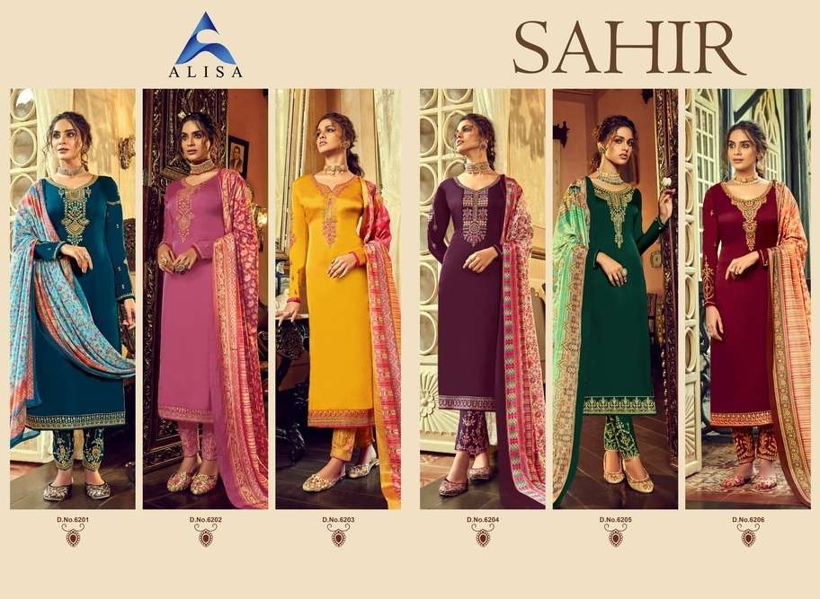 SAHIR BY ALISA 6201 TO 6206 SERIES BEAUTIFUL STYLISH FANCY COLORFUL CASUAL WEAR & ETHNIC WEAR SATIN GEORGETTE DRESSES AT WHOLESALE PRICE