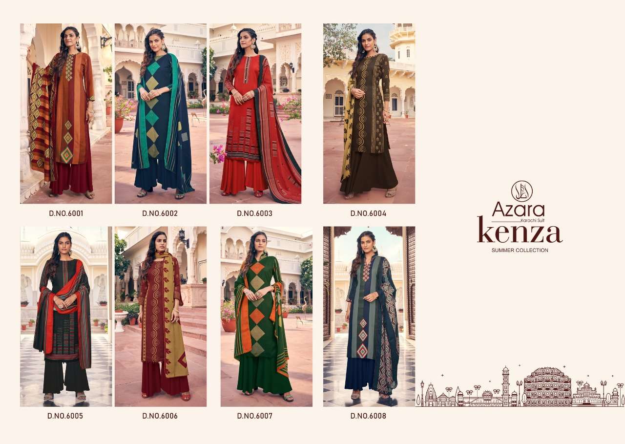 KENZA BY AZARA 6001 TO 6008 SERIES BEAUTIFUL COLORFUL STYLISH FANCY CASUAL WEAR & ETHNIC WEAR & READY TO WEAR PURE CAMBRIC COTTON PRINT WITH WORK DRESSES AT WHOLESALE PRICE