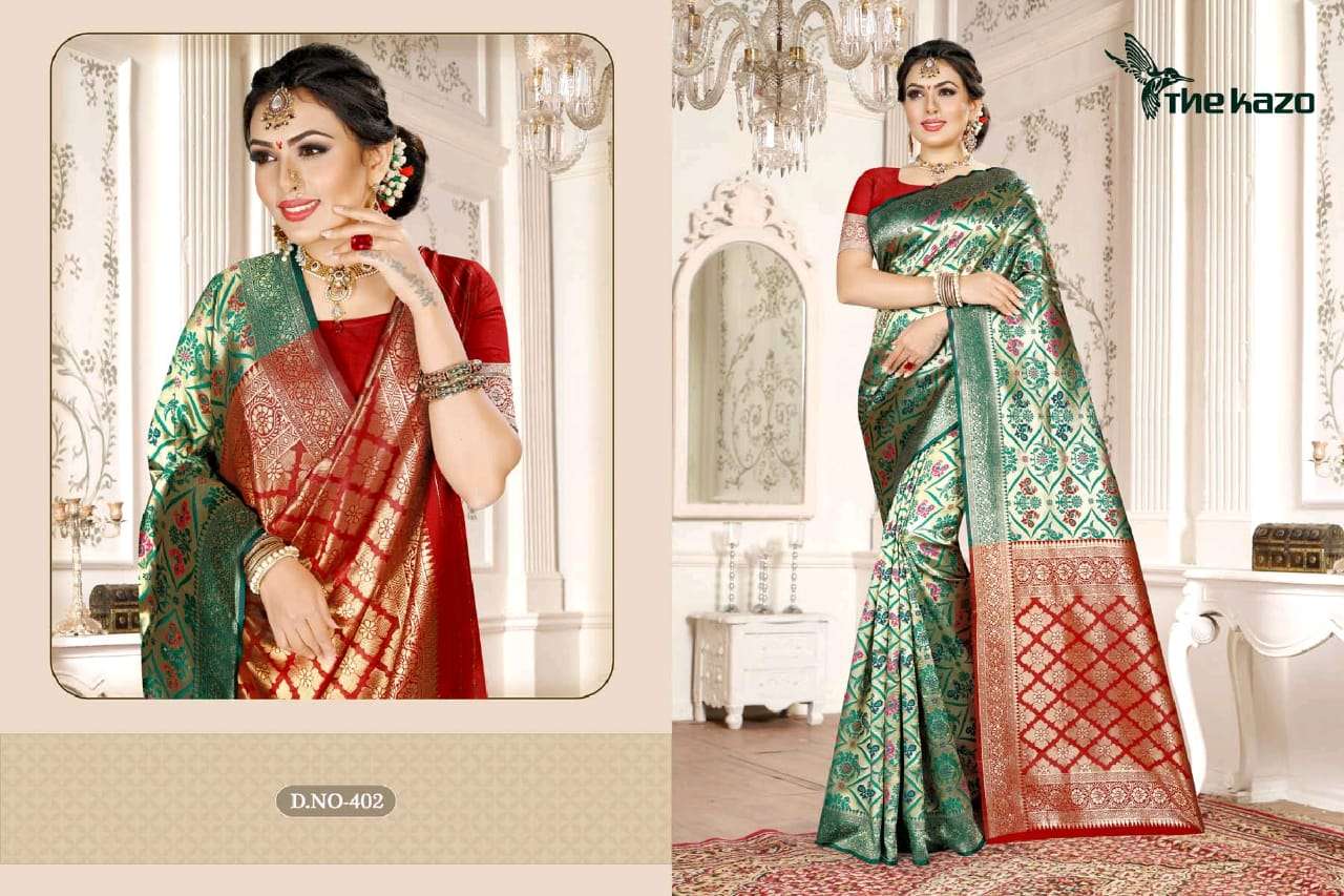 MENKA VOL-4 BY THE KAZO 402 TO 404 SERIES INDIAN TRADITIONAL WEAR COLLECTION BEAUTIFUL STYLISH FANCY COLORFUL PARTY WEAR & OCCASIONAL WEAR KANCHIPURAM SILK SAREES AT WHOLESALE PRICE