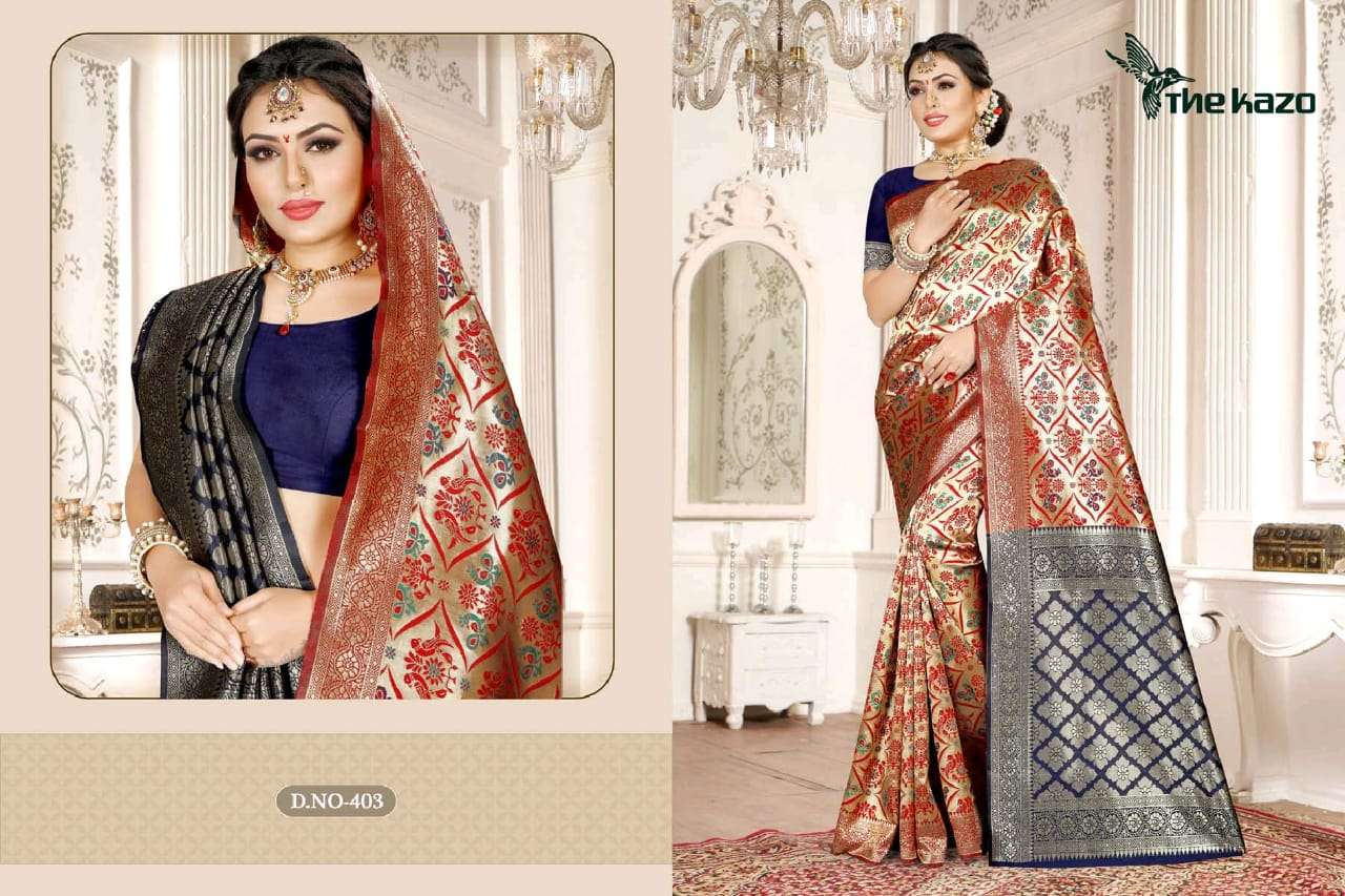 MENKA VOL-4 BY THE KAZO 402 TO 404 SERIES INDIAN TRADITIONAL WEAR COLLECTION BEAUTIFUL STYLISH FANCY COLORFUL PARTY WEAR & OCCASIONAL WEAR KANCHIPURAM SILK SAREES AT WHOLESALE PRICE