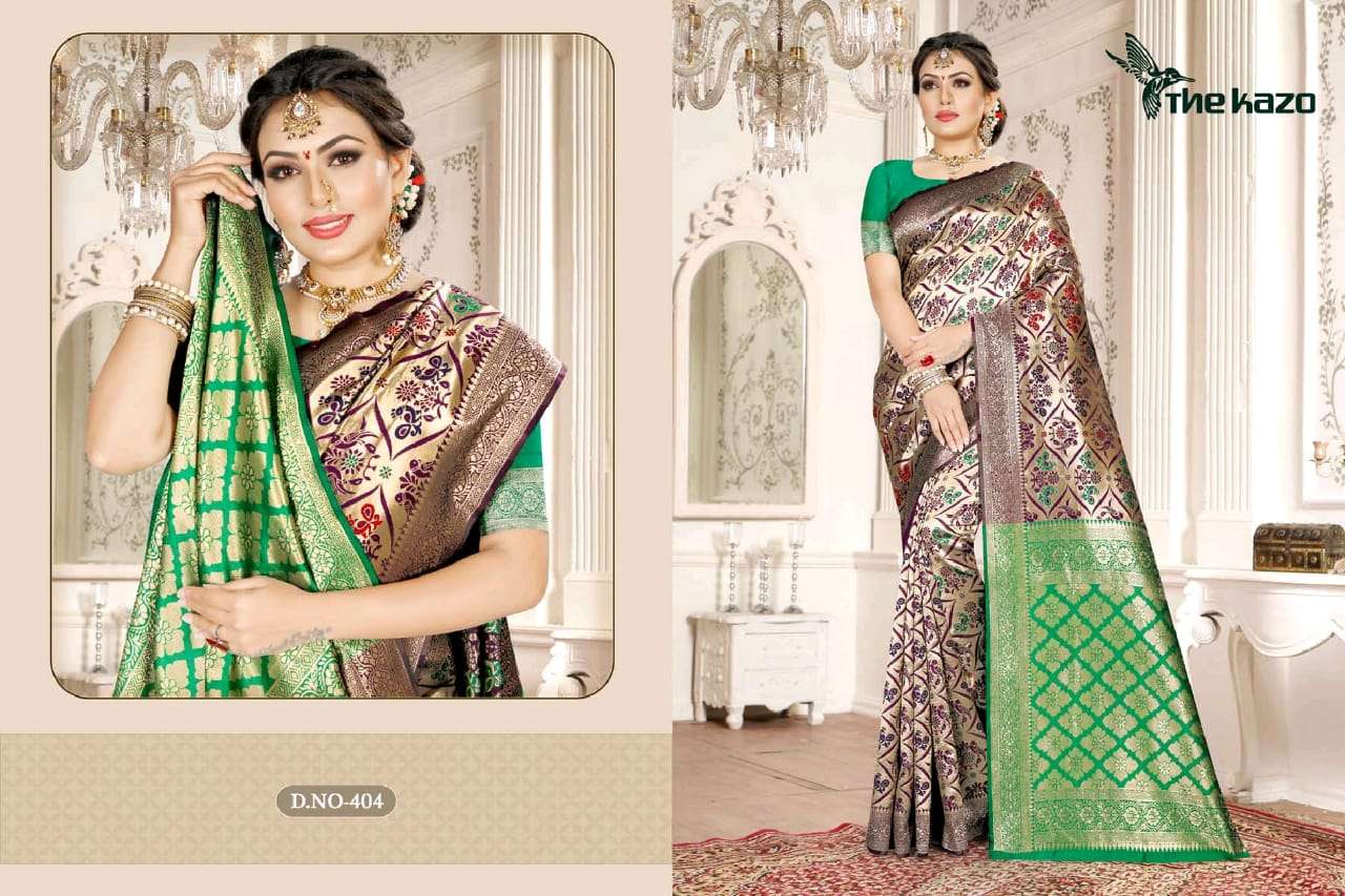 MENKA VOL-4 BY THE KAZO 402 TO 404 SERIES INDIAN TRADITIONAL WEAR COLLECTION BEAUTIFUL STYLISH FANCY COLORFUL PARTY WEAR & OCCASIONAL WEAR KANCHIPURAM SILK SAREES AT WHOLESALE PRICE
