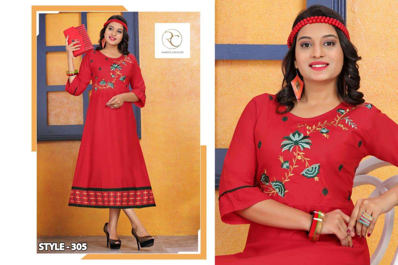 KERI VOL-2 BY RAMDEV CREATION 301 TO 308 SERIES BEAUTIFUL SUITS STYLISH FANCY COLORFUL CASUAL WEAR & ETHNIC WEAR HEAVY RAYON KURTIS AT WHOLESALE PRICE