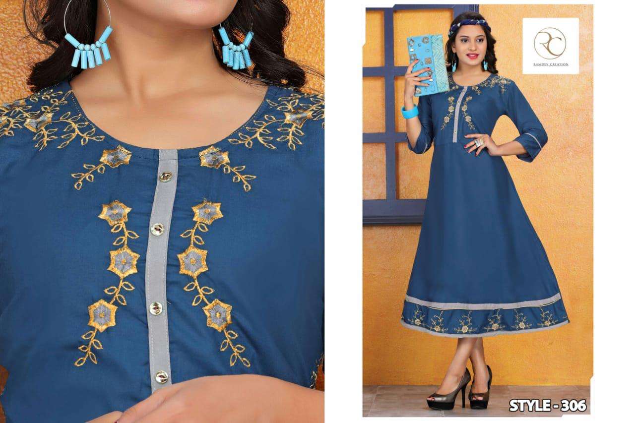 KERI VOL-2 BY RAMDEV CREATION 301 TO 308 SERIES BEAUTIFUL SUITS STYLISH FANCY COLORFUL CASUAL WEAR & ETHNIC WEAR HEAVY RAYON KURTIS AT WHOLESALE PRICE