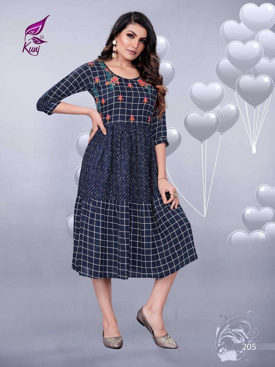 KIVI VOL-2 BY KUNJ 201 TO 106 SERIES BEAUTIFUL STYLISH FANCY COLORFUL CASUAL WEAR & ETHNIC WEAR & READY TO WEAR RAYON PRINT KURTIS AT WHOLESALE PRICE