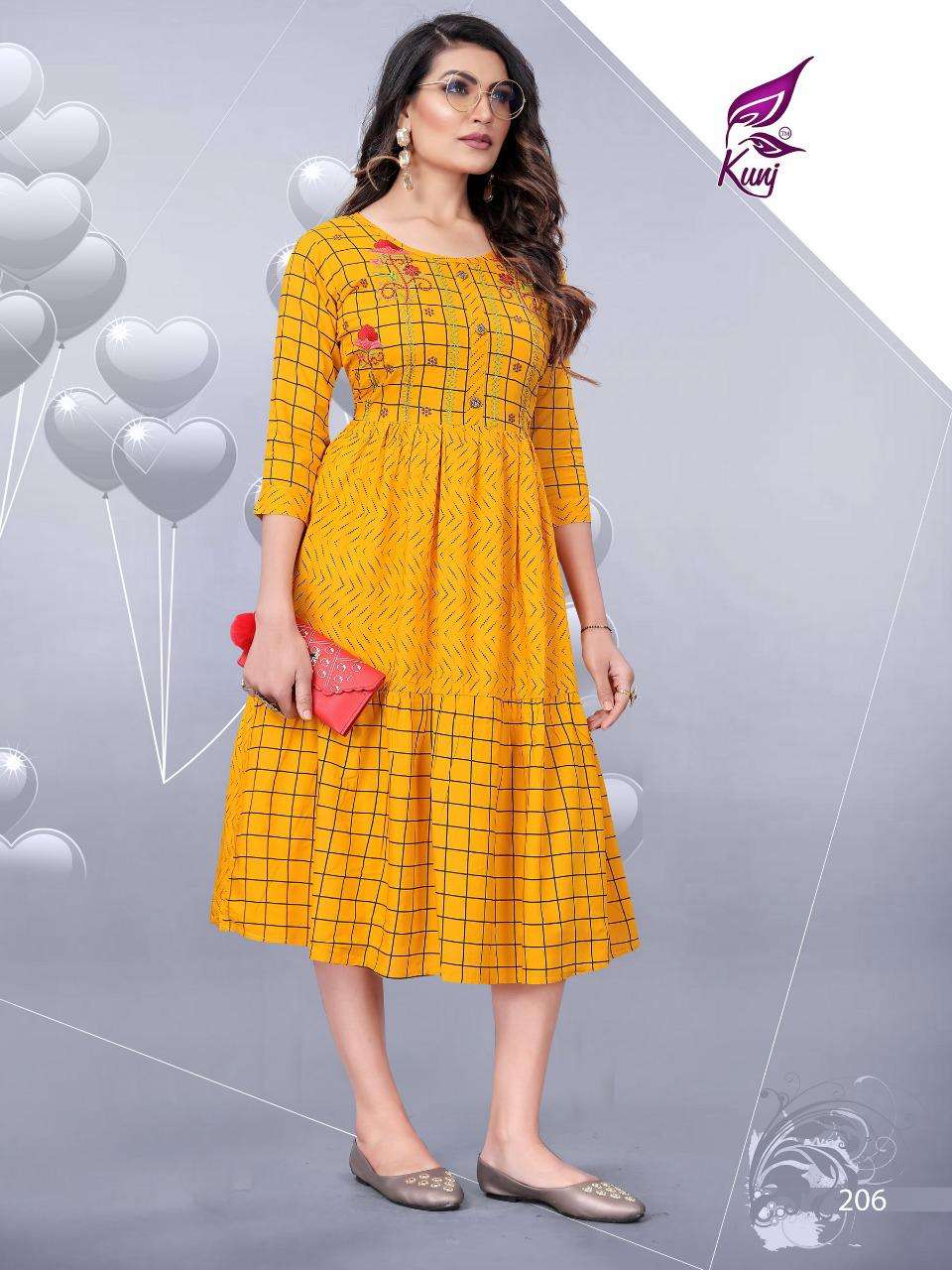 KIVI VOL-2 BY KUNJ 201 TO 106 SERIES BEAUTIFUL STYLISH FANCY COLORFUL CASUAL WEAR & ETHNIC WEAR & READY TO WEAR RAYON PRINT KURTIS AT WHOLESALE PRICE