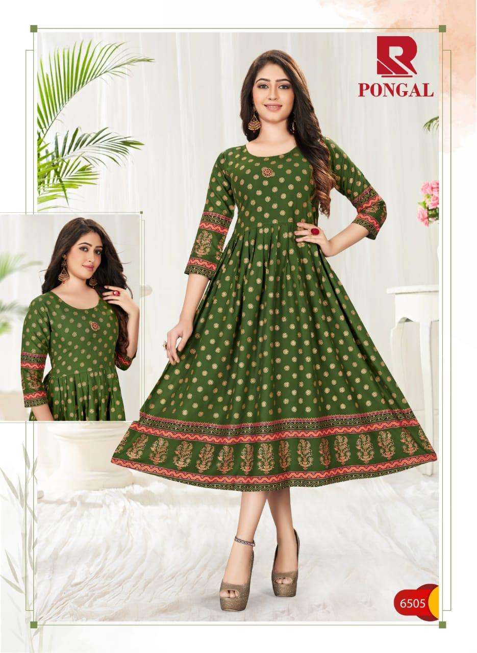 PONGAL BY RAASHI 6501 TO 6508 SERIES BEAUTIFUL STYLISH FANCY COLORFUL CASUAL WEAR & ETHNIC WEAR & READY TO WEAR RAYON GOLD PRINT KURTIS AT WHOLESALE PRICE