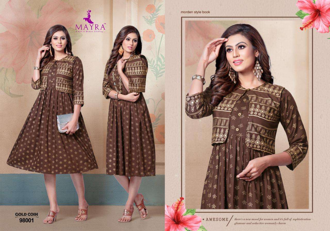 GOLD COIN BY MAYRA 96001 TO 96008 SERIES BEAUTIFUL STYLISH FANCY COLORFUL CASUAL WEAR & ETHNIC WEAR & READY TO WEAR RAYON GOLD PRINT KURTIS AT WHOLESALE PRICE