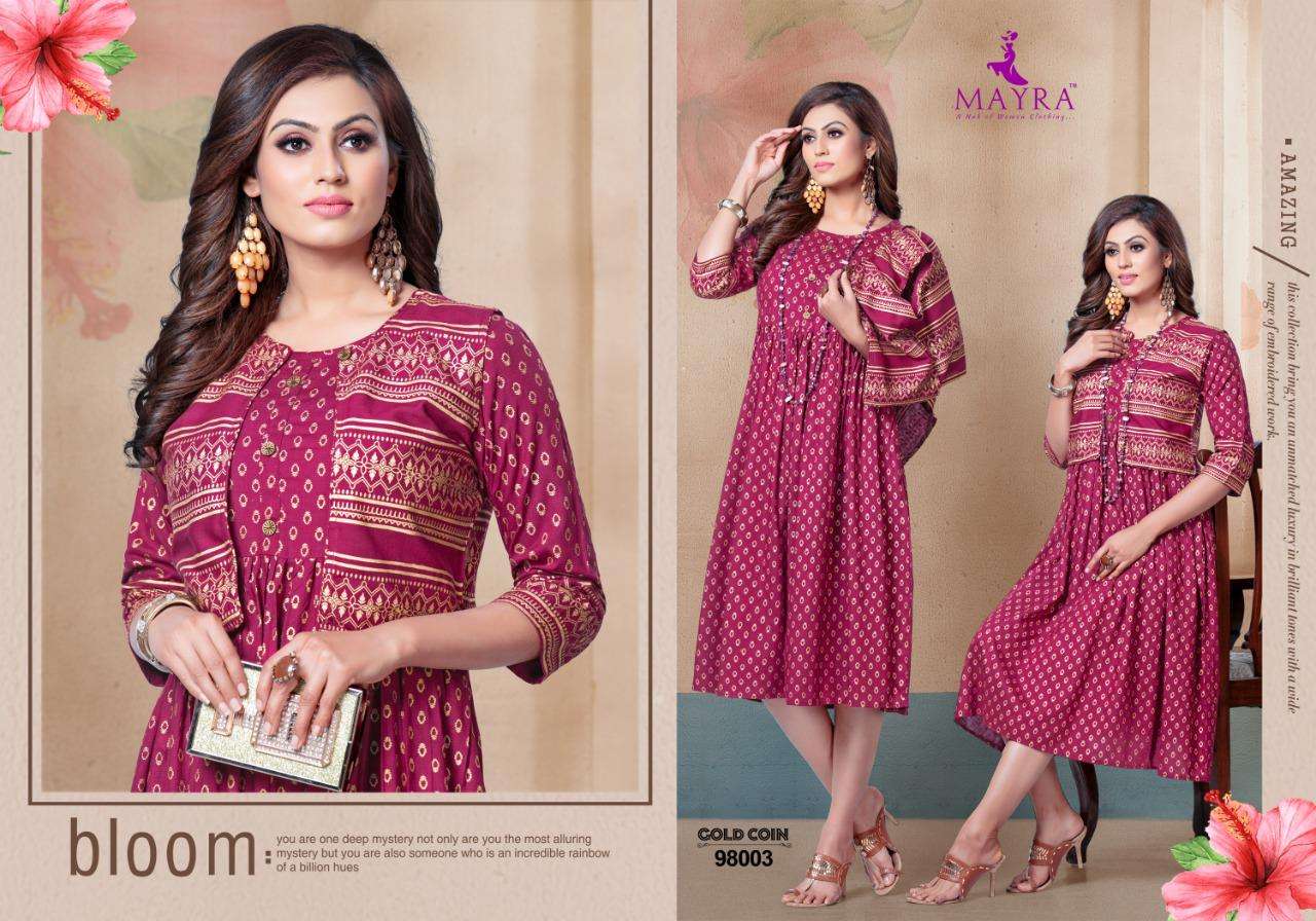 GOLD COIN BY MAYRA 96001 TO 96008 SERIES BEAUTIFUL STYLISH FANCY COLORFUL CASUAL WEAR & ETHNIC WEAR & READY TO WEAR RAYON GOLD PRINT KURTIS AT WHOLESALE PRICE