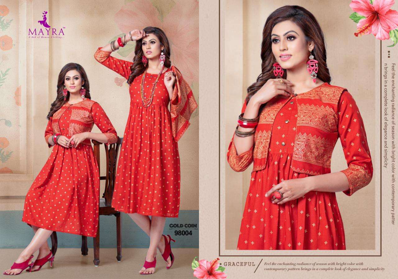 GOLD COIN BY MAYRA 96001 TO 96008 SERIES BEAUTIFUL STYLISH FANCY COLORFUL CASUAL WEAR & ETHNIC WEAR & READY TO WEAR RAYON GOLD PRINT KURTIS AT WHOLESALE PRICE