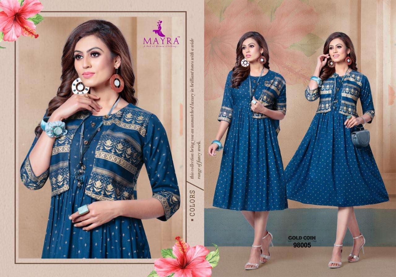 GOLD COIN BY MAYRA 96001 TO 96008 SERIES BEAUTIFUL STYLISH FANCY COLORFUL CASUAL WEAR & ETHNIC WEAR & READY TO WEAR RAYON GOLD PRINT KURTIS AT WHOLESALE PRICE