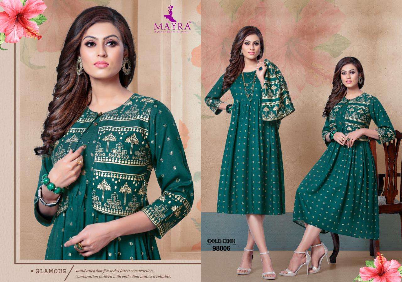 GOLD COIN BY MAYRA 96001 TO 96008 SERIES BEAUTIFUL STYLISH FANCY COLORFUL CASUAL WEAR & ETHNIC WEAR & READY TO WEAR RAYON GOLD PRINT KURTIS AT WHOLESALE PRICE