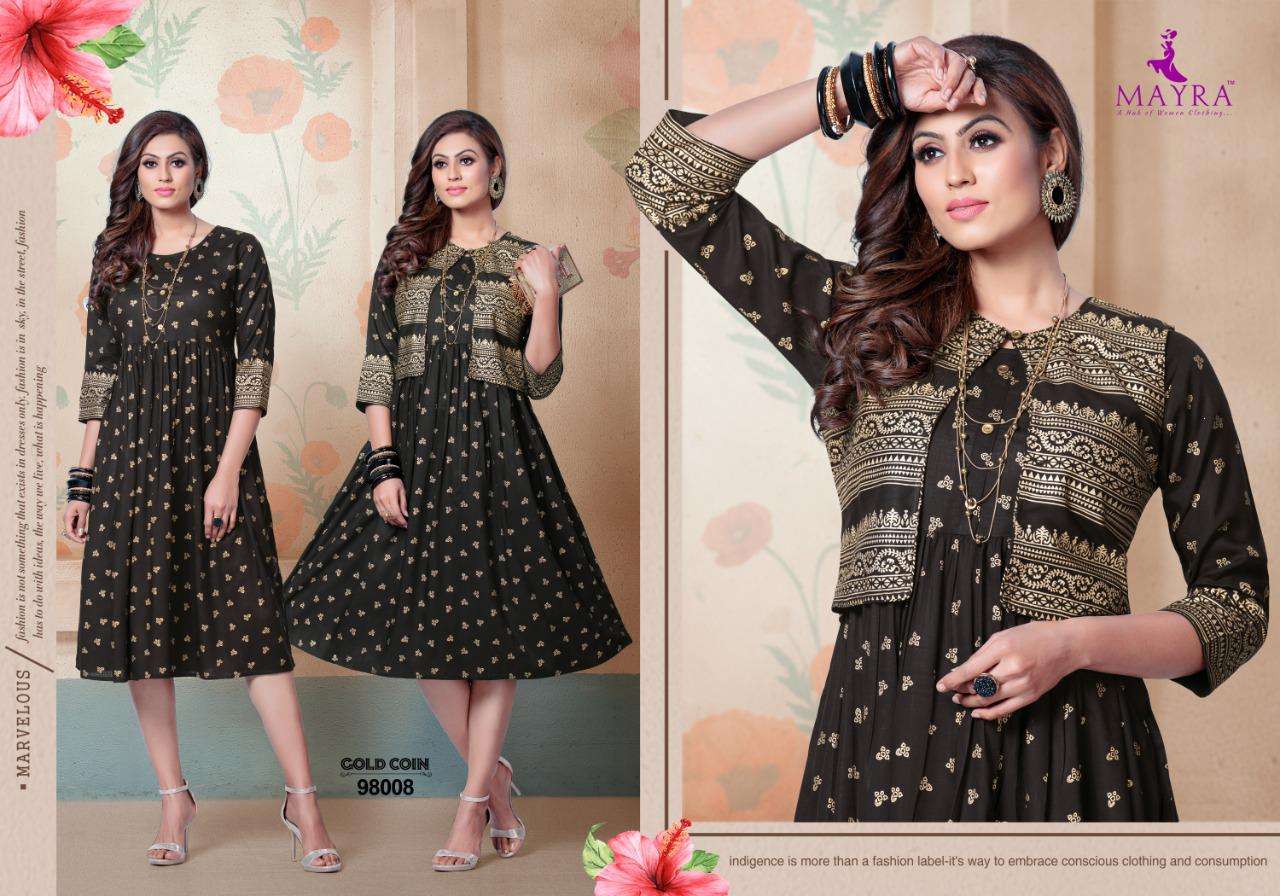 GOLD COIN BY MAYRA 96001 TO 96008 SERIES BEAUTIFUL STYLISH FANCY COLORFUL CASUAL WEAR & ETHNIC WEAR & READY TO WEAR RAYON GOLD PRINT KURTIS AT WHOLESALE PRICE