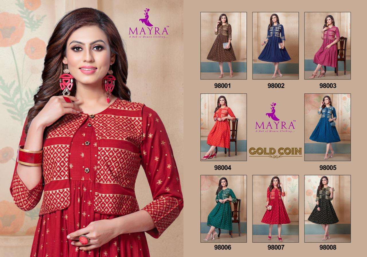 GOLD COIN BY MAYRA 96001 TO 96008 SERIES BEAUTIFUL STYLISH FANCY COLORFUL CASUAL WEAR & ETHNIC WEAR & READY TO WEAR RAYON GOLD PRINT KURTIS AT WHOLESALE PRICE