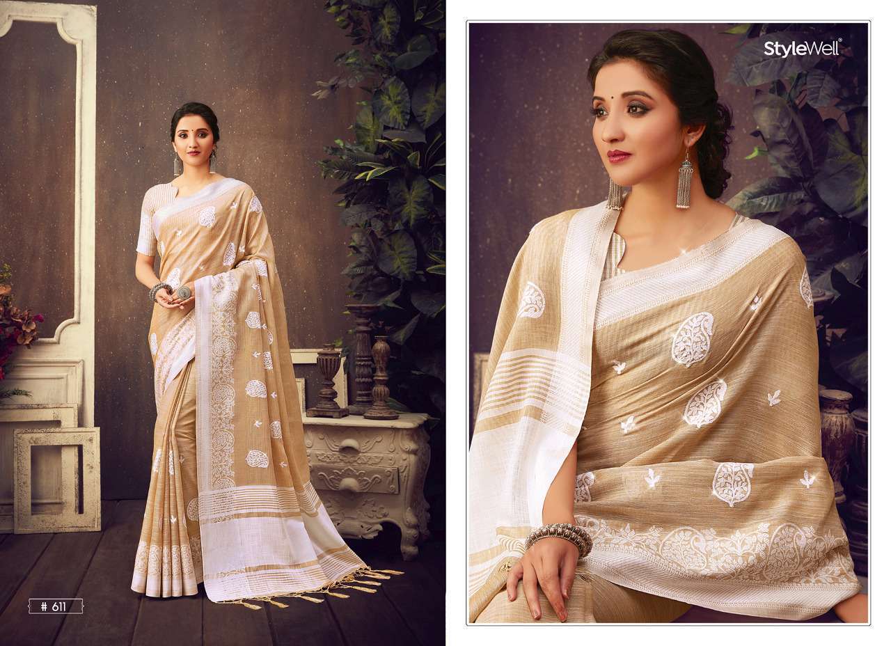 LAKHNAVI BY STYLEWELL 611 TO 616 SERIES INDIAN TRADITIONAL WEAR COLLECTION BEAUTIFUL STYLISH FANCY COLORFUL PARTY WEAR & OCCASIONAL WEAR LINEN JACQUARD EMBROIDERED SAREES AT WHOLESALE PRICE