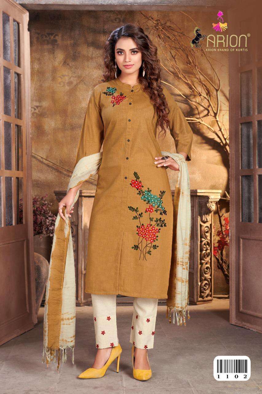SURBHI VOL-1 BY ARION 1101 TO 1106 SERIES BEAUTIFUL STYLISH FANCY COLORFUL CASUAL WEAR & ETHNIC WEAR & READY TO WEAR LINEN COTTON DRESSES AT WHOLESALE PRICE