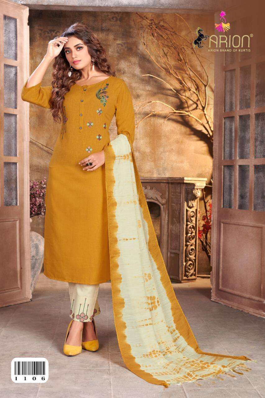 SURBHI VOL-1 BY ARION 1101 TO 1106 SERIES BEAUTIFUL STYLISH FANCY COLORFUL CASUAL WEAR & ETHNIC WEAR & READY TO WEAR LINEN COTTON DRESSES AT WHOLESALE PRICE