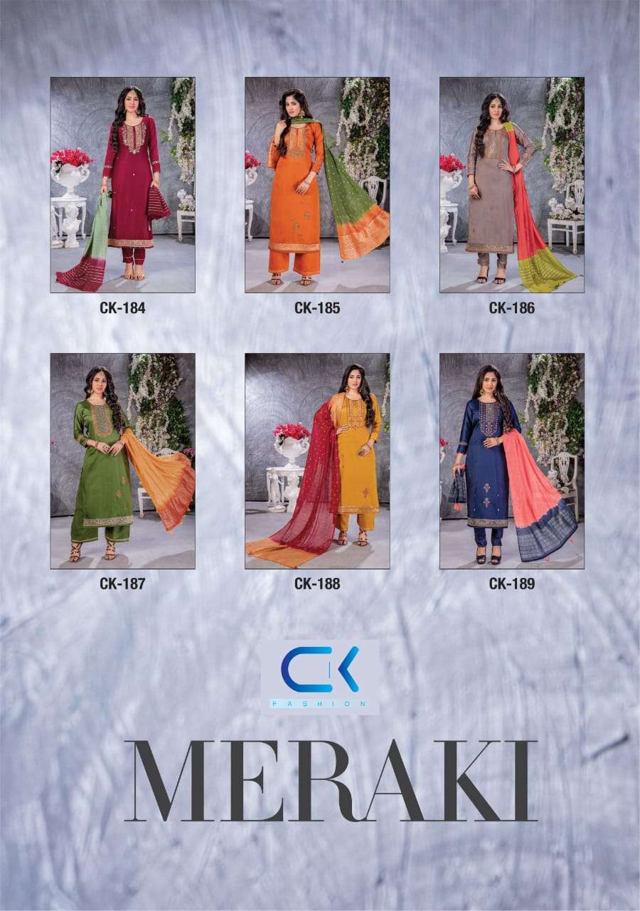 MERAKI BY CK 184 TO 189 SERIES BEAUTIFUL SUITS STYLISH FANCY COLORFUL PARTY WEAR & OCCASIONAL WEAR JAM COTTON PRINTED DRESSES AT WHOLESALE PRICE