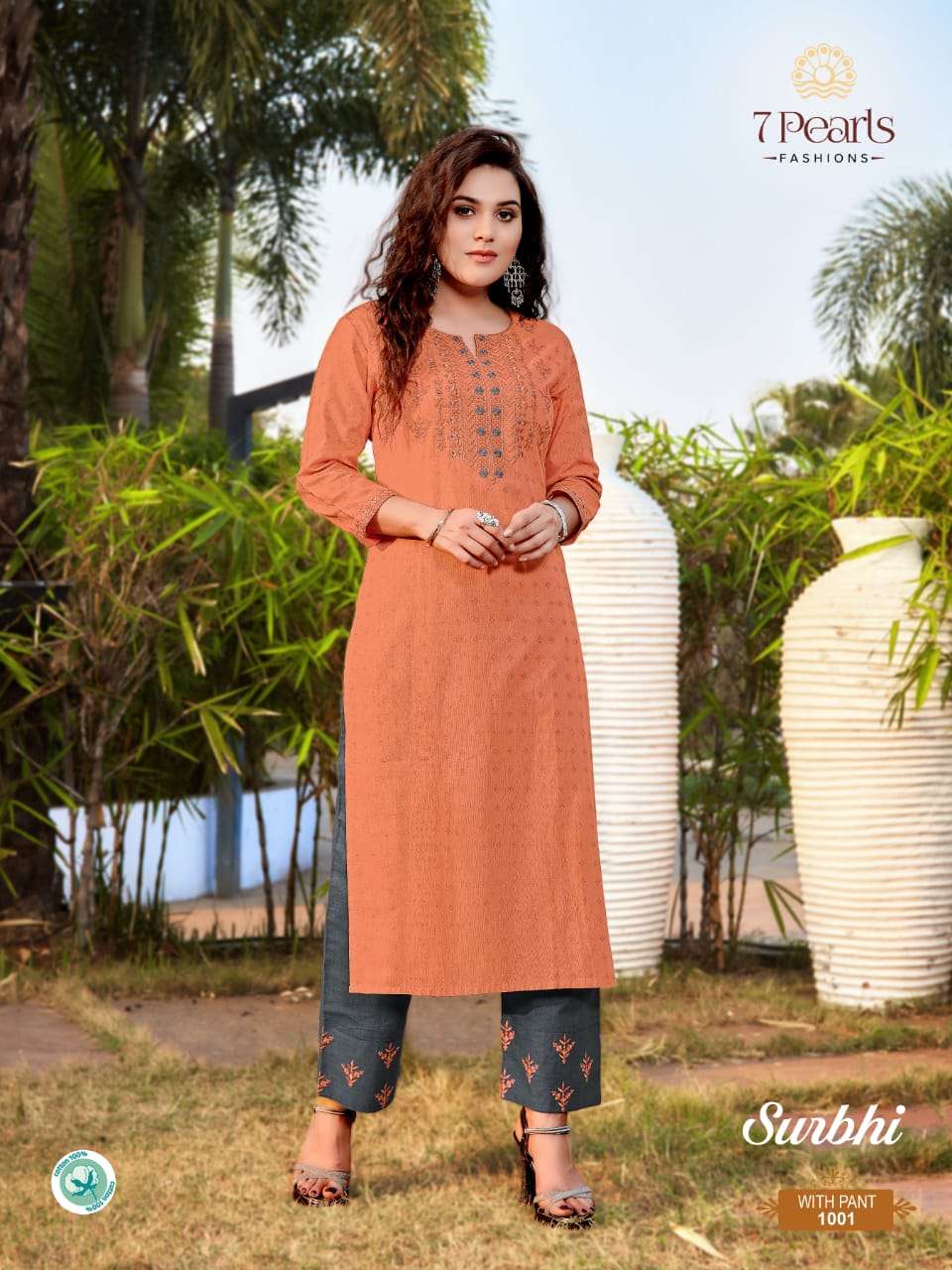 SURBHI BY 7 PEARLS 1001 TO 1004 SERIES BEAUTIFUL STYLISH FANCY COLORFUL CASUAL WEAR & ETHNIC WEAR & READY TO WEAR HEAVY PURE COTTTON EMBROIDERED KURTIS WITH BOTTOM AT WHOLESALE PRICE