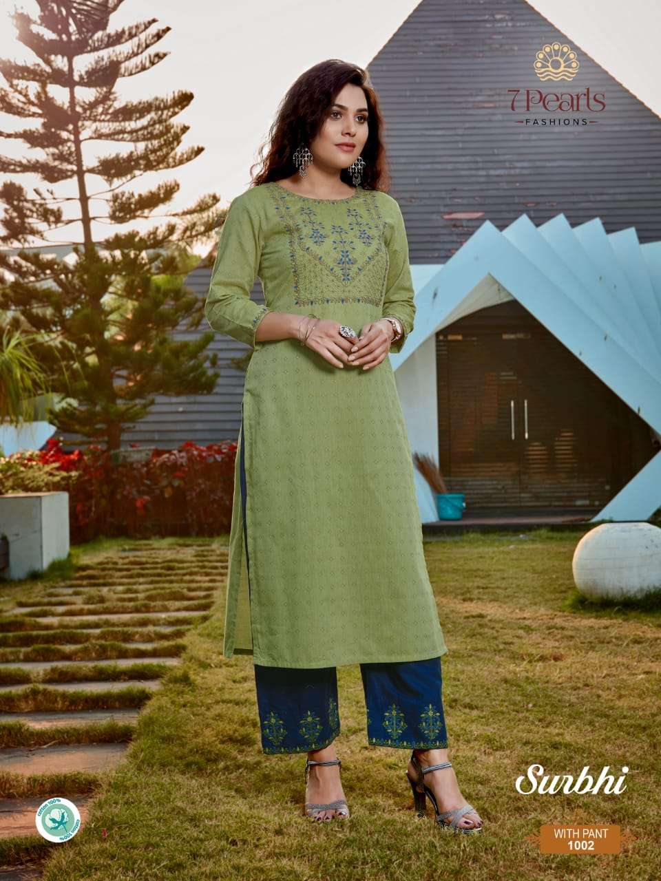 SURBHI BY 7 PEARLS 1001 TO 1004 SERIES BEAUTIFUL STYLISH FANCY COLORFUL CASUAL WEAR & ETHNIC WEAR & READY TO WEAR HEAVY PURE COTTTON EMBROIDERED KURTIS WITH BOTTOM AT WHOLESALE PRICE