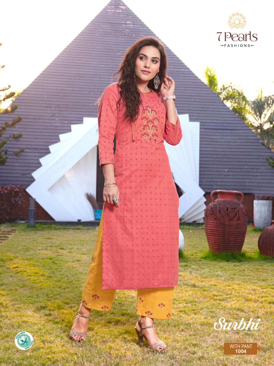 SURBHI BY 7 PEARLS 1001 TO 1004 SERIES BEAUTIFUL STYLISH FANCY COLORFUL CASUAL WEAR & ETHNIC WEAR & READY TO WEAR HEAVY PURE COTTTON EMBROIDERED KURTIS WITH BOTTOM AT WHOLESALE PRICE