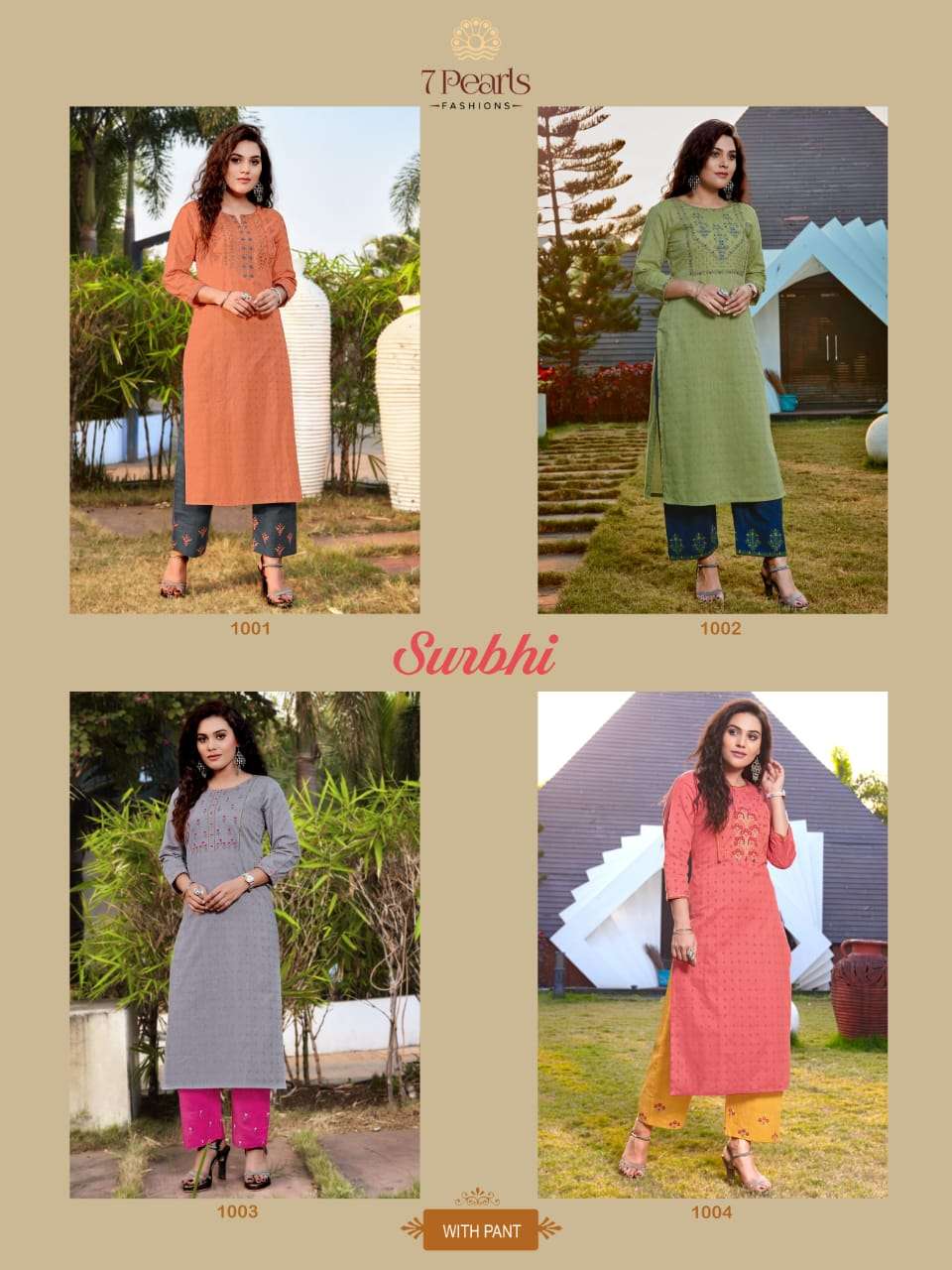 SURBHI BY 7 PEARLS 1001 TO 1004 SERIES BEAUTIFUL STYLISH FANCY COLORFUL CASUAL WEAR & ETHNIC WEAR & READY TO WEAR HEAVY PURE COTTTON EMBROIDERED KURTIS WITH BOTTOM AT WHOLESALE PRICE