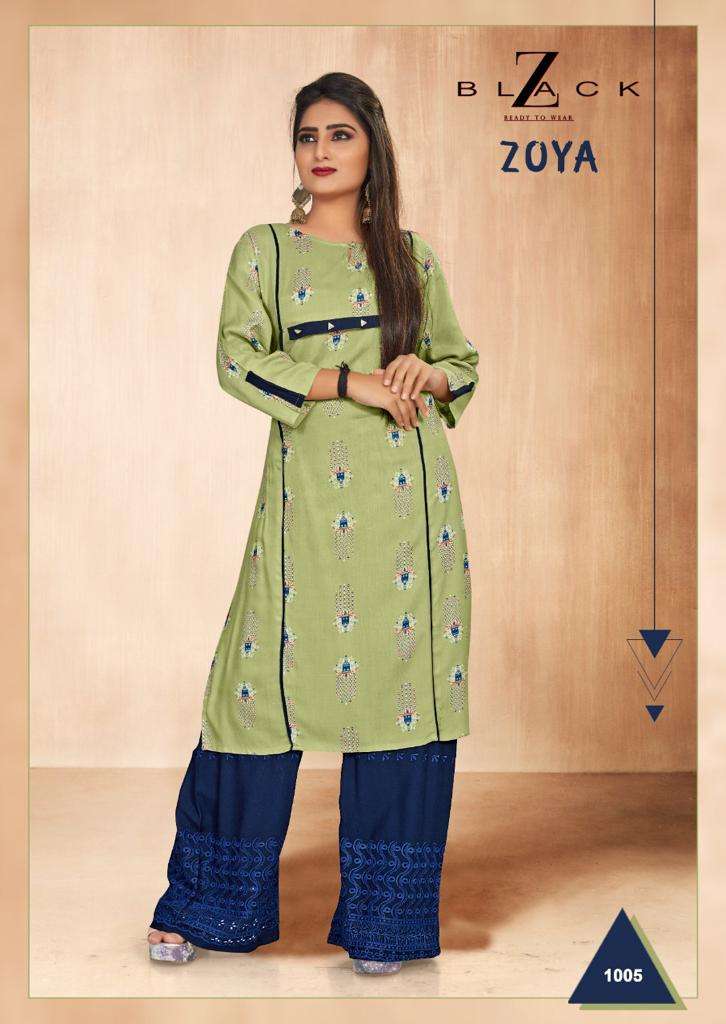 ZOYA BY Z BLACK 1001 TO 1008 SERIES BEAUTIFUL STYLISH FANCY COLORFUL CASUAL WEAR & ETHNIC WEAR & READY TO WEAR RAYON PRINT KURTIS WITH BOTTOM AT WHOLESALE PRICE
