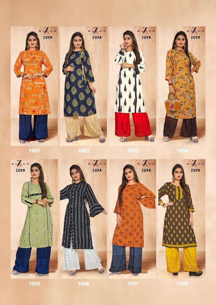 ZOYA BY Z BLACK 1001 TO 1008 SERIES BEAUTIFUL STYLISH FANCY COLORFUL CASUAL WEAR & ETHNIC WEAR & READY TO WEAR RAYON PRINT KURTIS WITH BOTTOM AT WHOLESALE PRICE