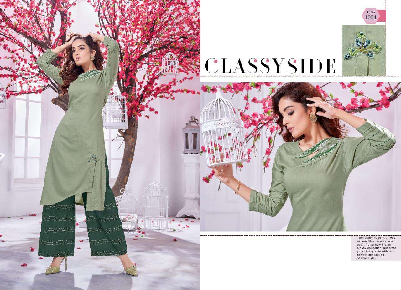 INNAYA VOL-2 BY SELESTA 1001 TO 1005 SERIES BEAUTIFUL STYLISH FANCY COLORFUL CASUAL WEAR & ETHNIC WEAR CHINNON SILK HANDWORK KURTIS WITH BOTTOM AT WHOLESALE PRICE