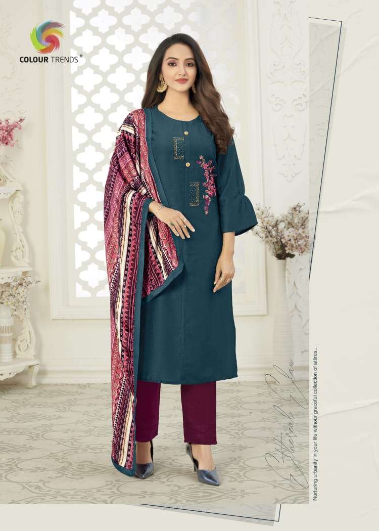 BANDHAN VOL-4 BY COLOUR TRENDS 4001 TO 4006 SERIES STYLISH FANCY COLORFUL COLLECTION CASUAL WEAR & ETHNIC WEAR MUSLIN KURTIS WITH DUPATTA AT WHOLESALE PRICE