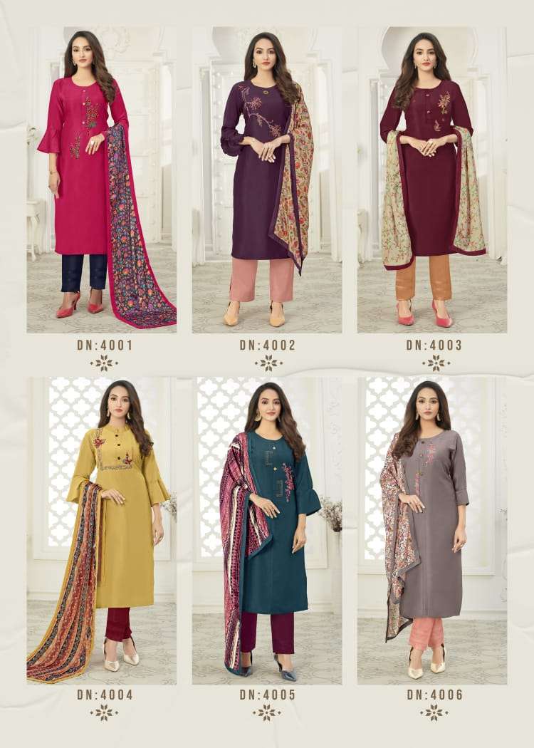 BANDHAN VOL-4 BY COLOUR TRENDS 4001 TO 4006 SERIES STYLISH FANCY COLORFUL COLLECTION CASUAL WEAR & ETHNIC WEAR MUSLIN KURTIS WITH DUPATTA AT WHOLESALE PRICE