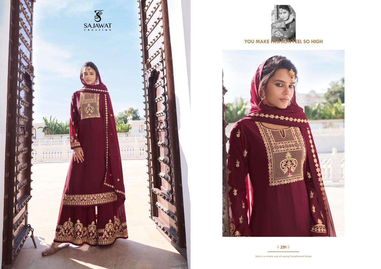 RAJANI VOL-2 BY SAJAWAT CREATION 291 TO 295 SERIES BEAUTIFUL STYLISH SHARARA SUITS FANCY COLORFUL CASUAL WEAR & ETHNIC WEAR & READY TO WEAR HEAVY FAUX GEORGETTE WITH EMBROIDERED DRESSES AT WHOLESALE PRICE