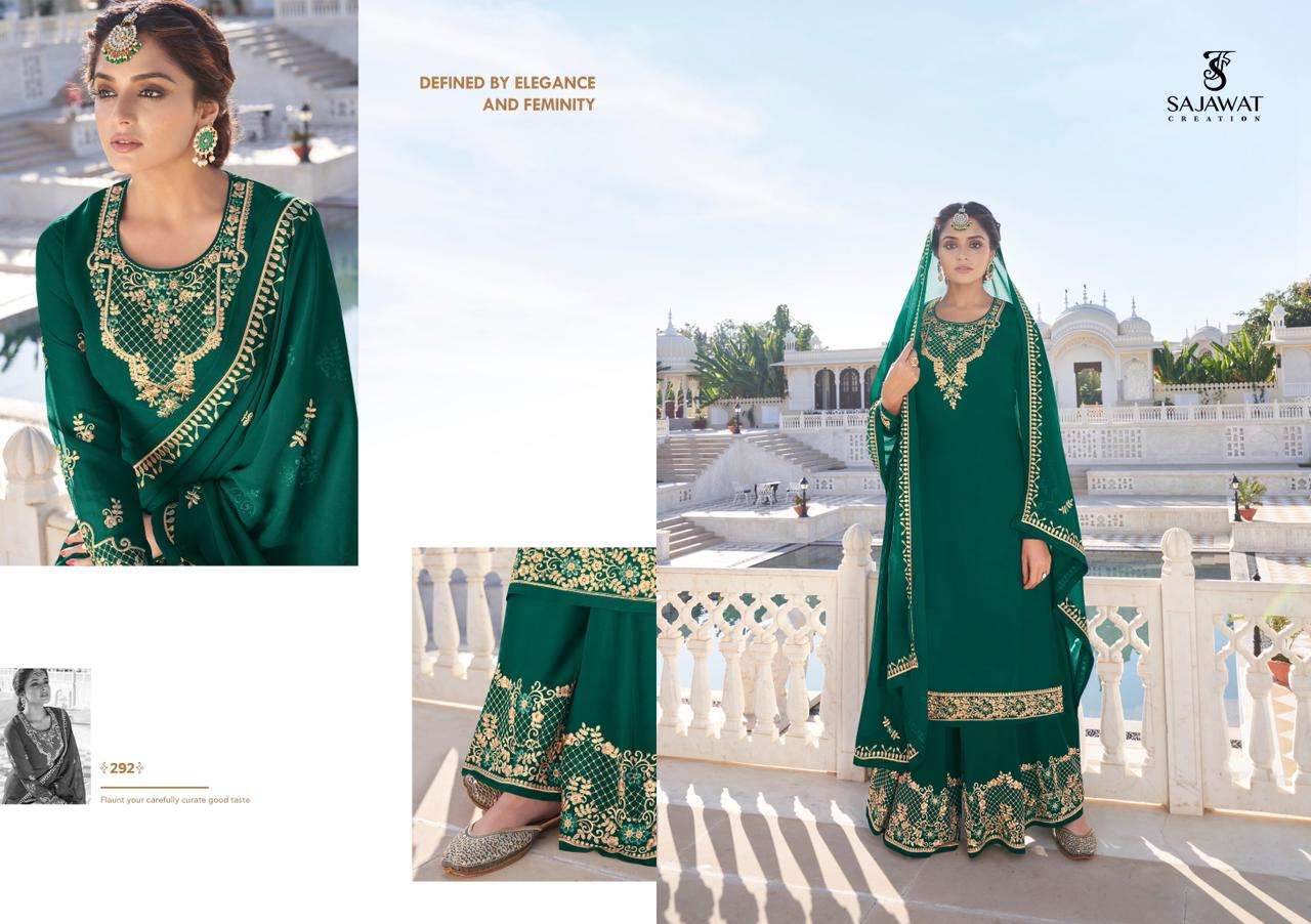 RAJANI VOL-2 BY SAJAWAT CREATION 291 TO 295 SERIES BEAUTIFUL STYLISH SHARARA SUITS FANCY COLORFUL CASUAL WEAR & ETHNIC WEAR & READY TO WEAR HEAVY FAUX GEORGETTE WITH EMBROIDERED DRESSES AT WHOLESALE PRICE