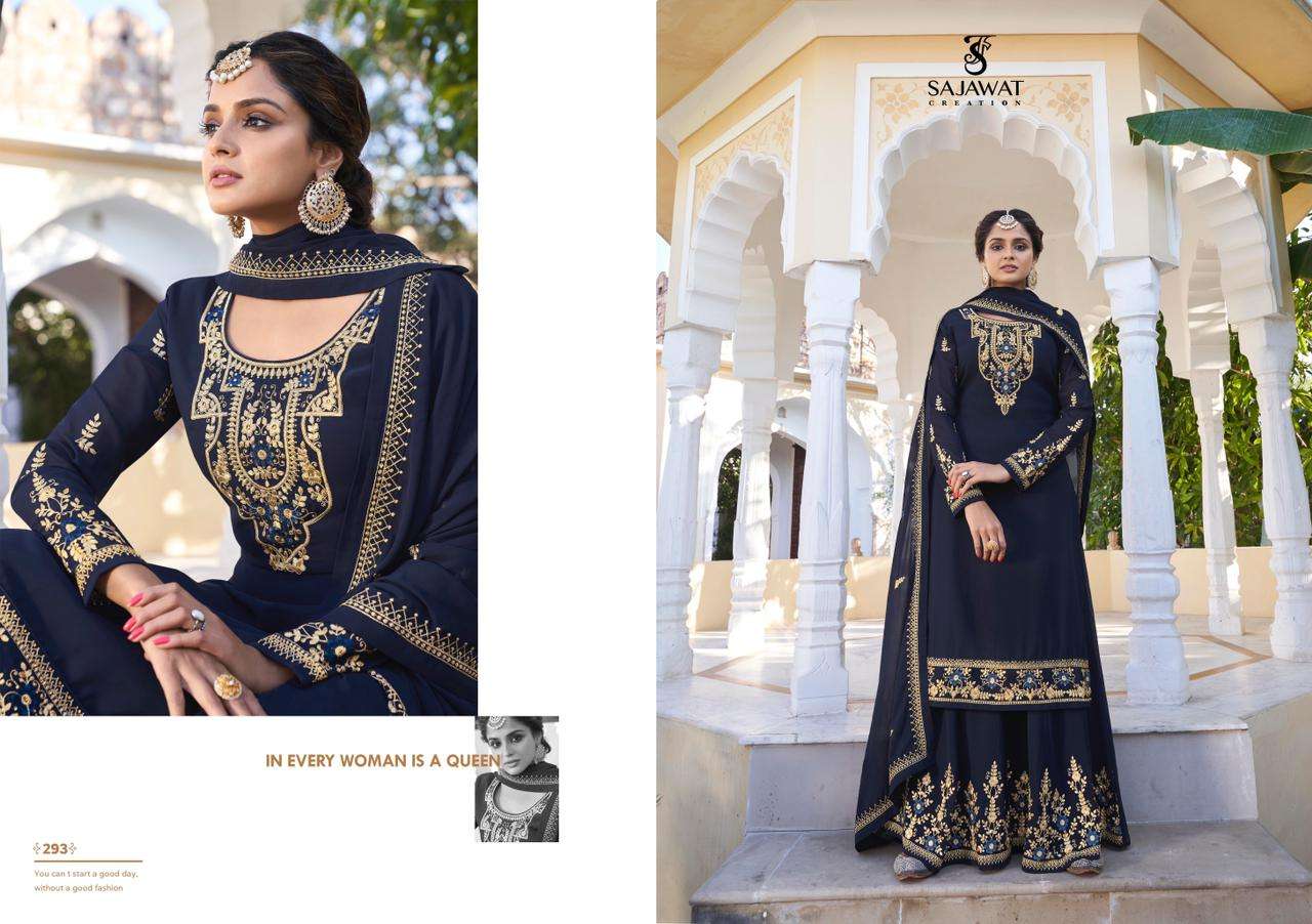 RAJANI VOL-2 BY SAJAWAT CREATION 291 TO 295 SERIES BEAUTIFUL STYLISH SHARARA SUITS FANCY COLORFUL CASUAL WEAR & ETHNIC WEAR & READY TO WEAR HEAVY FAUX GEORGETTE WITH EMBROIDERED DRESSES AT WHOLESALE PRICE