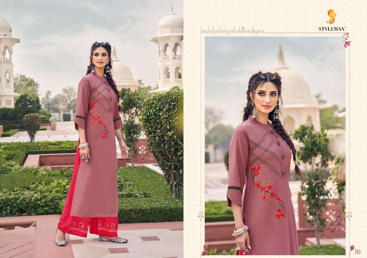ANANYA VOL-6 BY STYLEMAX 781 TO 788 SERIES BEAUTIFUL STYLISH FANCY COLORFUL CASUAL WEAR & ETHNIC WEAR & READY TO WEAR HEAVY RAYON EMBROIDERED KURTIS WITH BOTTOM AT WHOLESALE PRICE