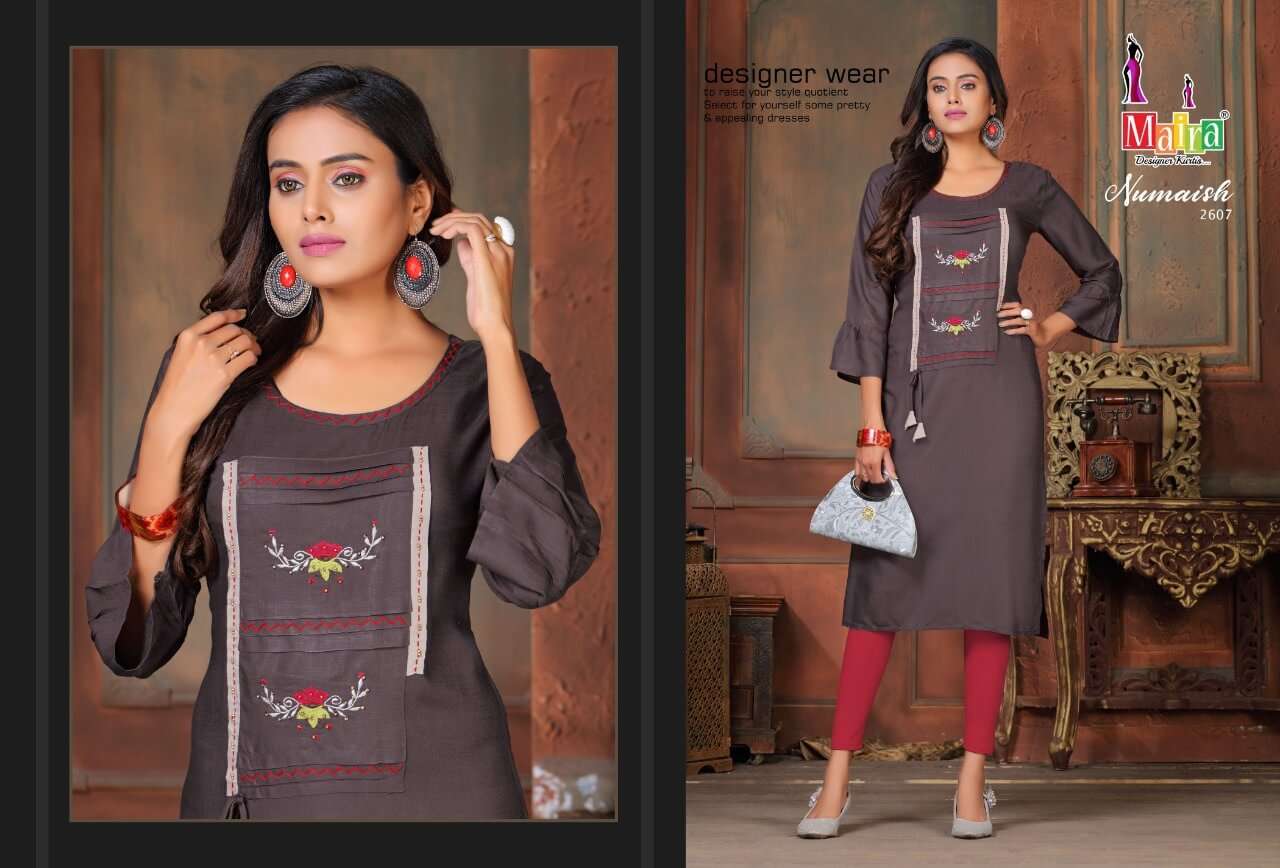 NUMAISH VOL-26 BY MAIRA 2601 TO 2608 DESIGNER STYLISH FANCY COLORFUL BEAUTIFUL PARTY WEAR & ETHNIC WEAR COLLECTION RAYON SLUB KURTIS AT WHOLESALE PRICE