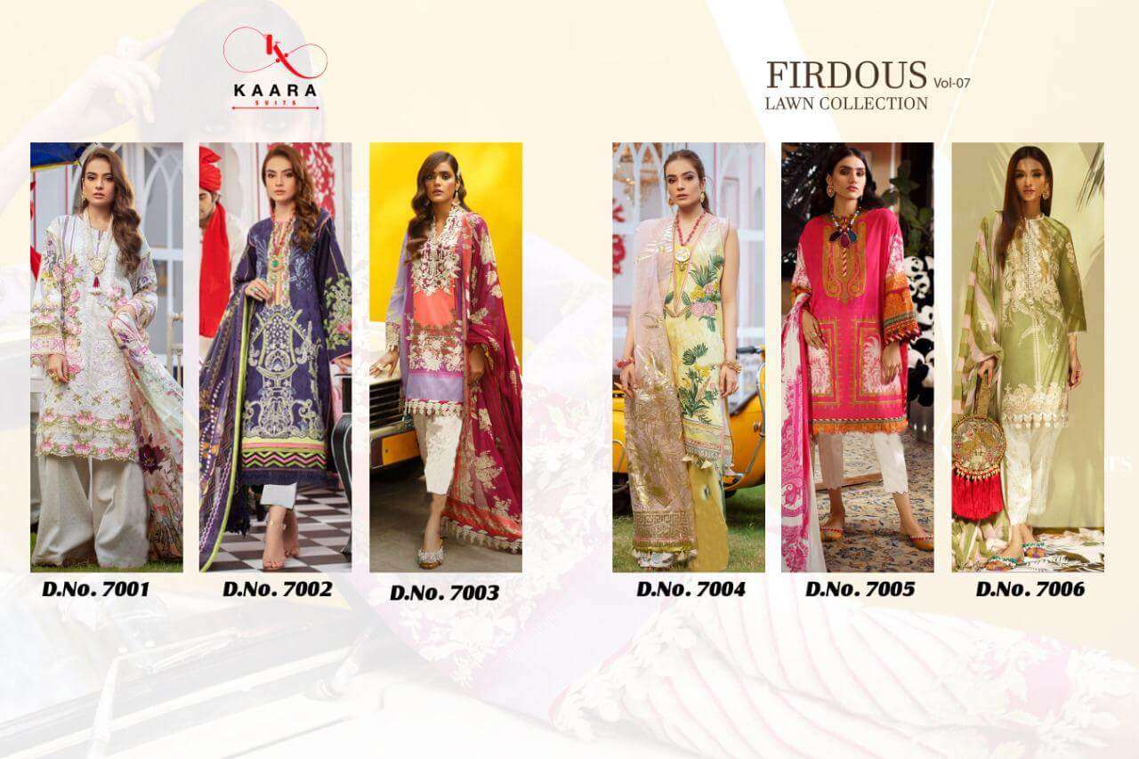 FIRDOUS LAWN COLLECTION VOL-7 BY KAARA SUITS 7001 TO 7006 SERIES BEAUTIFUL SUITS STYLISH FANCY COLORFUL PARTY WEAR & OCCASIONAL WEAR PURE COTTON PRINT WITH EMBROIDERY DRESSES AT WHOLESALE PRICE