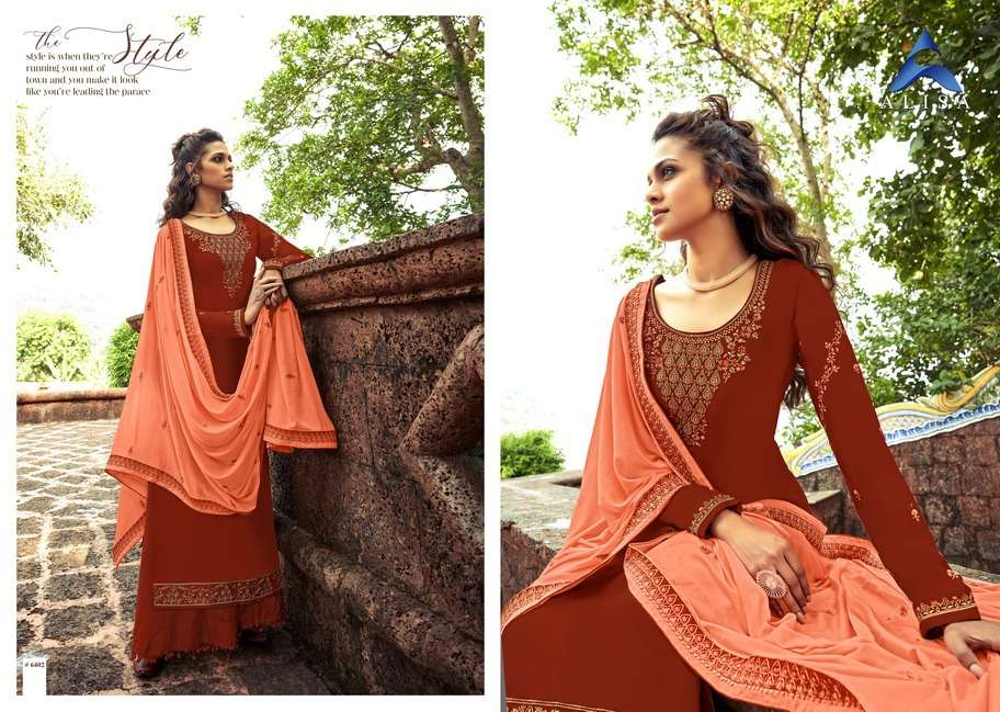 AROMA BY ALISA 6401 TO 6406 SERIES BEAUTIFUL STYLISH SHARARA SUITS FANCY COLORFUL CASUAL WEAR & ETHNIC WEAR & READY TO WEAR PURE MODAL SATIN EMBROIDERED DRESSES AT WHOLESALE PRICE
