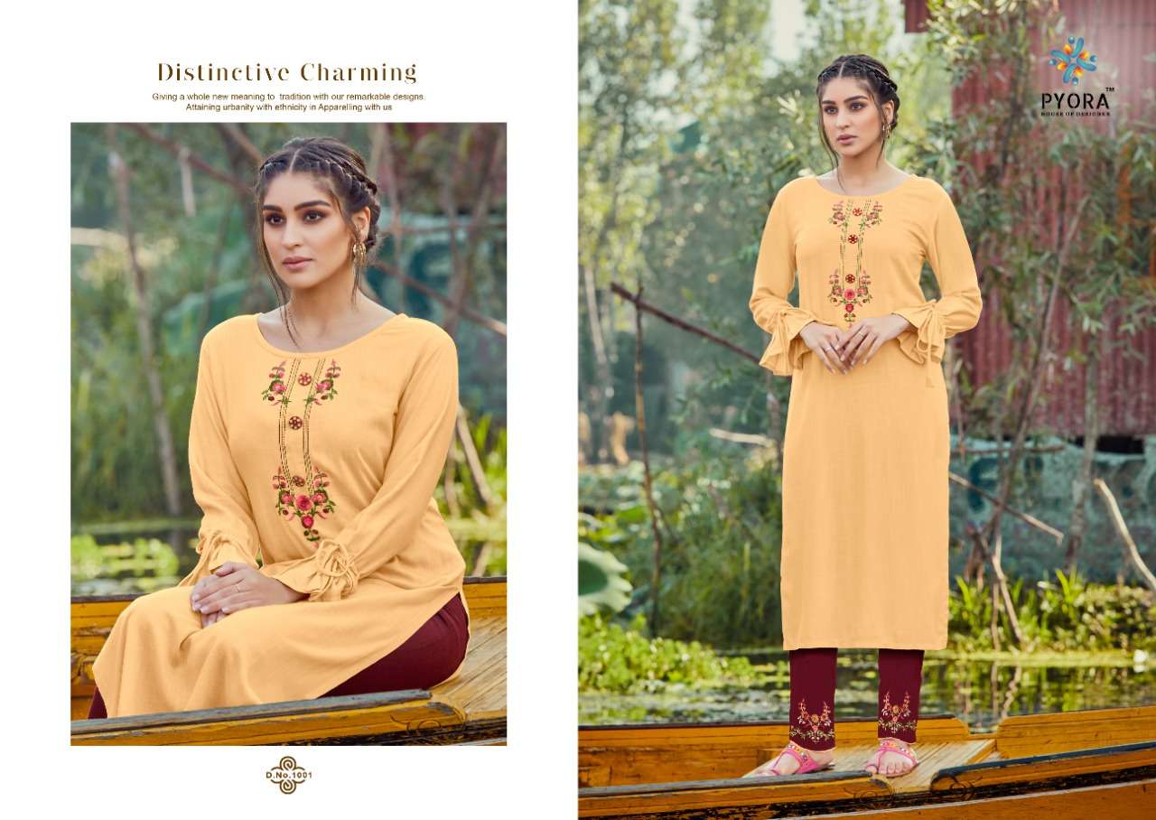 PANTHEE BY PYORA 1001 TO 1006 SERIES DESIGNER STYLISH FANCY COLORFUL BEAUTIFUL PARTY WEAR & ETHNIC WEAR COLLECTION PURE RAYON SLUB EMBROIDERY KURTIS WITH BOTTOM AT WHOLESALE PRICE