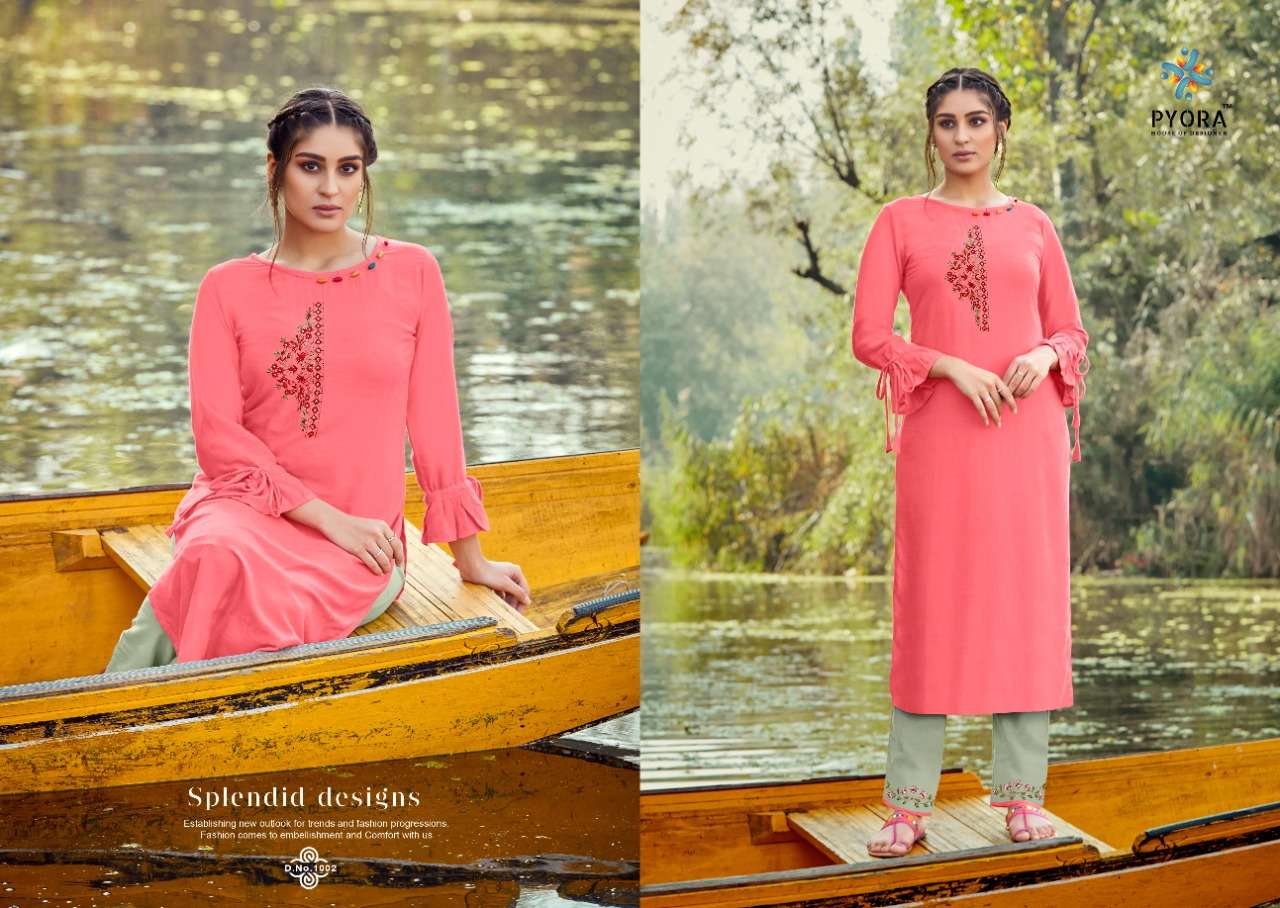 PANTHEE BY PYORA 1001 TO 1006 SERIES DESIGNER STYLISH FANCY COLORFUL BEAUTIFUL PARTY WEAR & ETHNIC WEAR COLLECTION PURE RAYON SLUB EMBROIDERY KURTIS WITH BOTTOM AT WHOLESALE PRICE