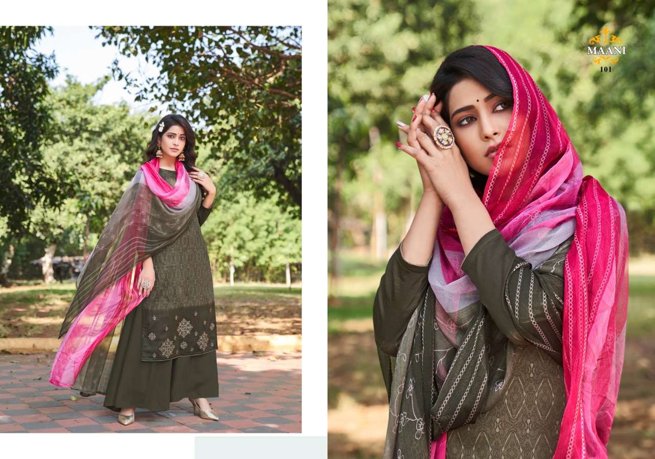 MAANI BY LAVINA 101 TO 106 SERIES BEAUTIFUL STYLISH SHARARA SUITS FANCY COLORFUL CASUAL WEAR & ETHNIC WEAR & READY TO WEAR PURE JAM COTTON EMBROIDERED DRESSES AT WHOLESALE PRICE