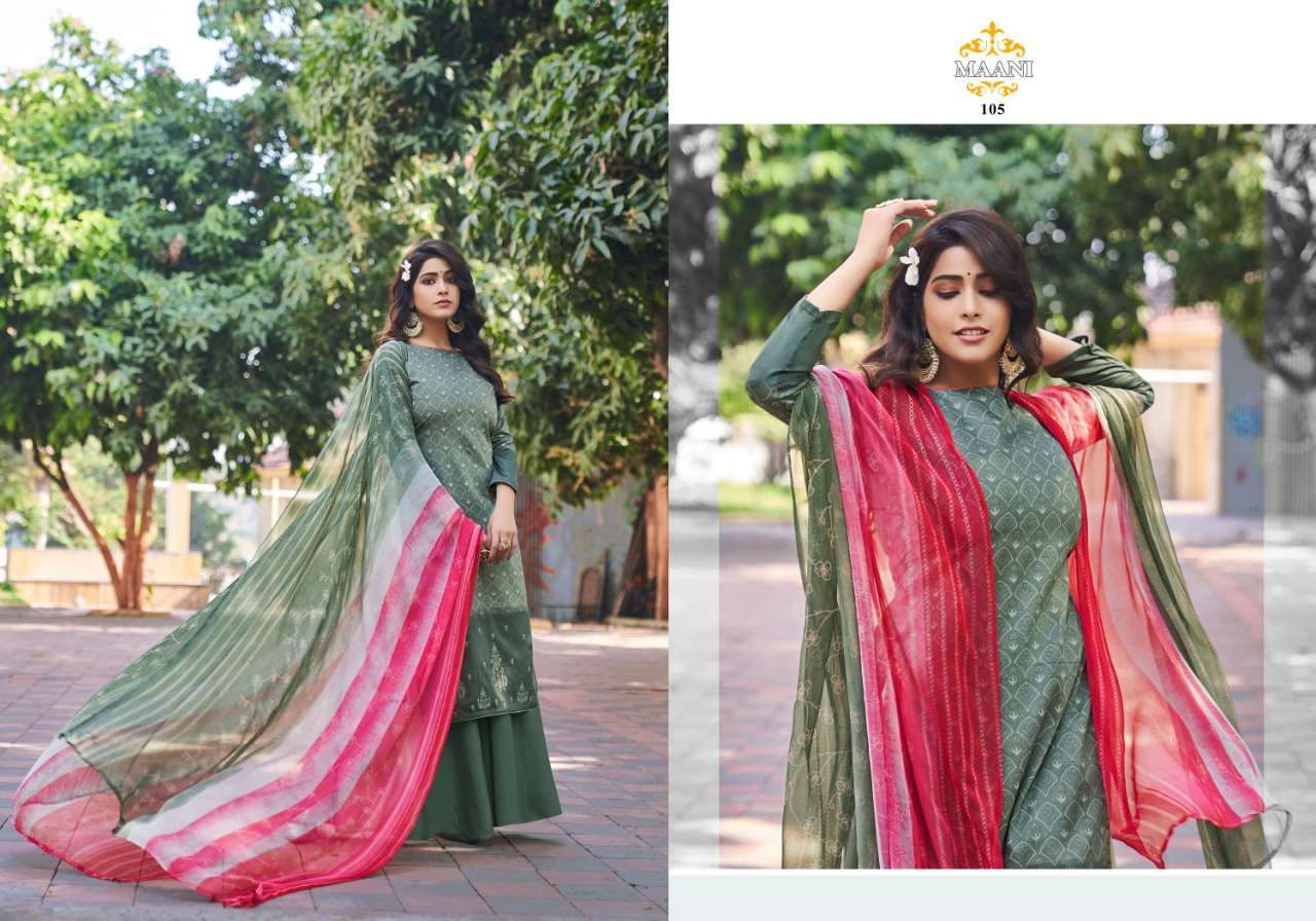 MAANI BY LAVINA 101 TO 106 SERIES BEAUTIFUL STYLISH SHARARA SUITS FANCY COLORFUL CASUAL WEAR & ETHNIC WEAR & READY TO WEAR PURE JAM COTTON EMBROIDERED DRESSES AT WHOLESALE PRICE